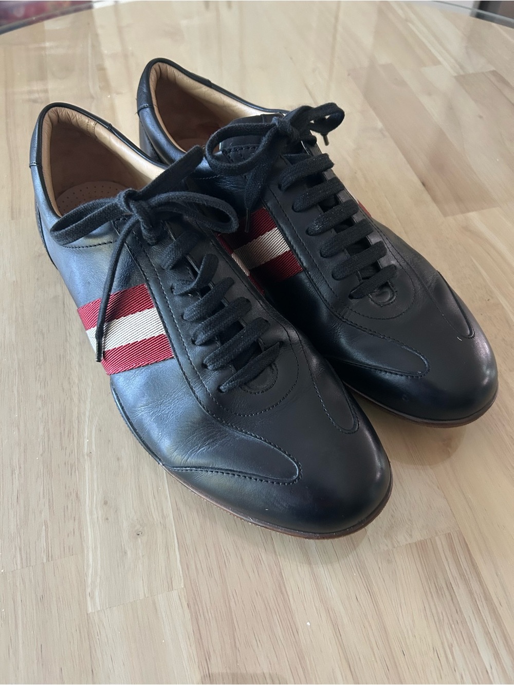 Bally Black Frekel Leather Men’s Sneakers with Red & White Side Stripe